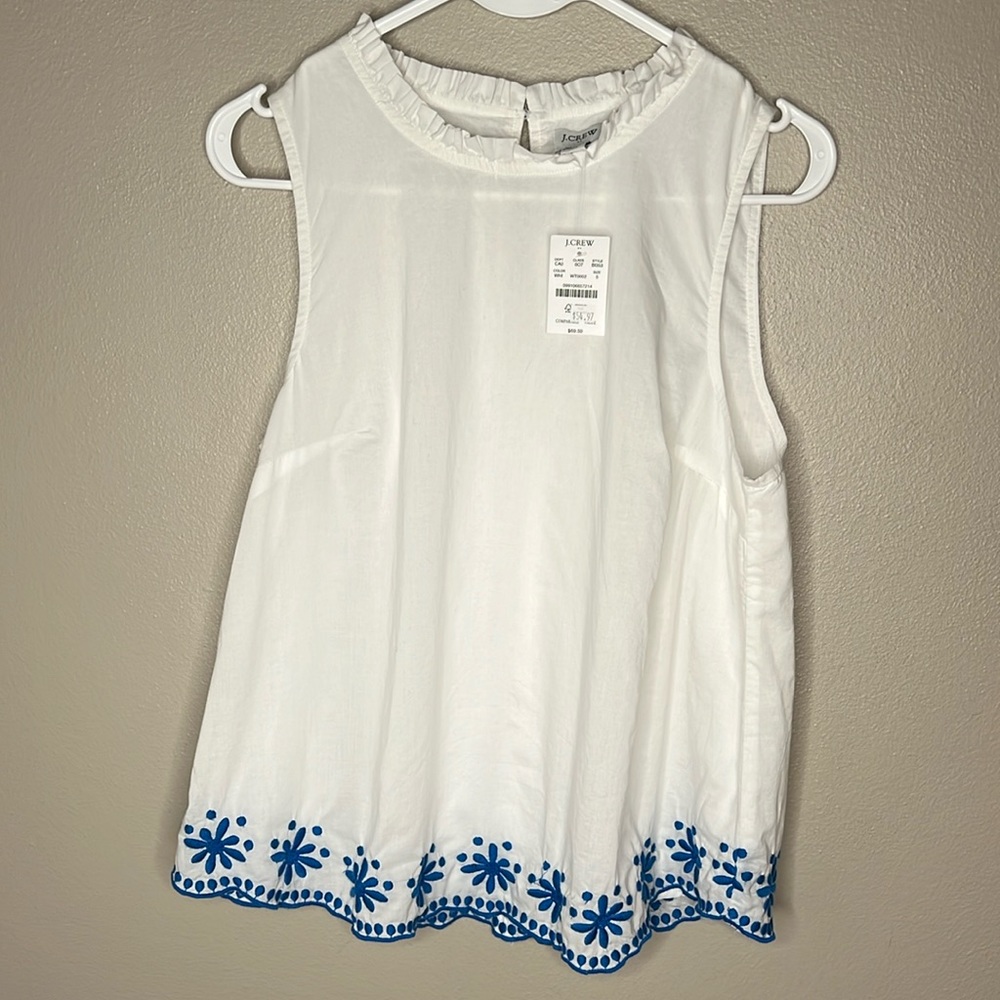 J.Crew 100% Cotton white tank/ blouse with Embroidered blue Flowers Sz small